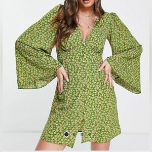 & Other Stories Green Floral Bell Sleeve Dress Size 12 ASOS